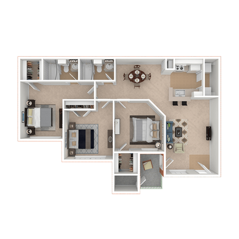 Floor plan for 3 beds, 2 baths, 959 sqft